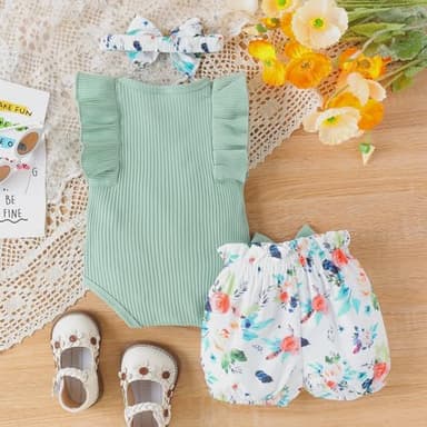 LUNFEGO Newborn Baby Girl Clothes Outfits Ruffle Romper and Short Pants with Headband Infant Bodysuits for Baby Girls 3-6 Months - Green - Image 3