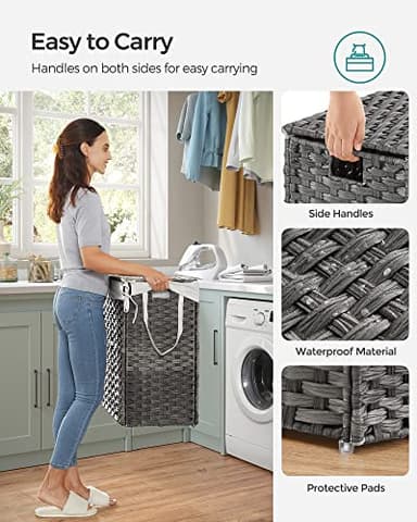 SONGMICS 130L Clothes Hamper with Lid, 2 Removable Liner Bags, 6 Mesh Bags, Wicker, Double Laundry Basket for Bathroom, 13 x 26 x 23.6 Inches, Gray ULCB253G01 - Image 7