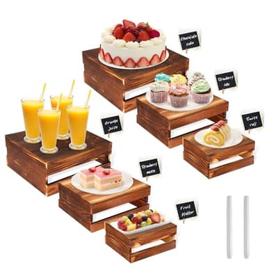 6 Pcs Buffet Risers with Mini Signs, Rustic Wood Cake Stands, Food Risers for Buffet Table, Dessert Display Stand, Wood Crates, Rustic Cake Stand for Party, Wedding, Birthday, Baby Shower, 3 Sizes - Image 1