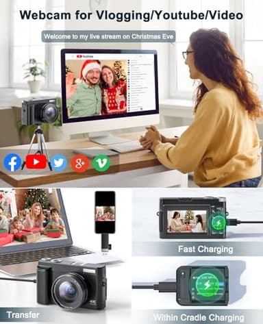 4K Digital Camera for Photography and Video, Autofocus Anti-Shake 48MP Vlogging Camera for YouTube, 3'' 180°Flip Screen Camera with Flash 16X Zoom, Digital Camera with 32GB Card Battery Charger Black - Image 5