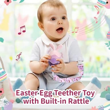 Easter Egg Bunny Baby Teether for Easter Basket Stuffers, Rabbit Egg Rattle Toy Teething for Easter Basket Essentials Infant Boys & Girls First Gifts with 2 Packs Easter Egg Pacifier Clip, 3 Months+ - Image 2