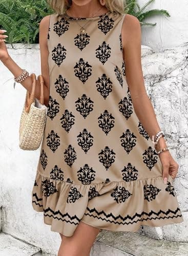 BLENCOT Floral Dress for Women 2025 Vacation Round Neck Sleeveless Casual Spring Ruffle A-line Summer Mini Dress Khaki X-Large - Image 2