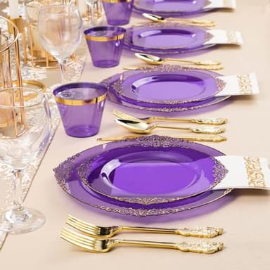 Bestluck 350PCS Clear Purple Plastic Plates for 50 Guests, Disposable Plates with Gold Trim include 50 Dinner Plates, 50 Dessert Plates, 150 Gold Silverware, 50 Cups, 50 Napkins for Party, Wedding - Image 7