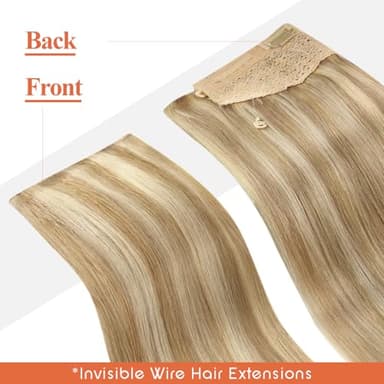 Sunny Wire Hair Extensions Real Human Hair Fish Line Human Hair Extensions Invisible Wire Extensions Lightest Brown with Platinum Blonde Highlights #P10/60 14 Inch - Image 6