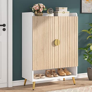 Tribesigns Shoe Cabinet with Doors, 7-Tier Shoe Storage Cabinet with Adjustable Shelves, Wooden Shoes Rack Shoe Storage Organizer for Entryway, Hallway, Closet, Living Room, Wood and Gold - Image 1
