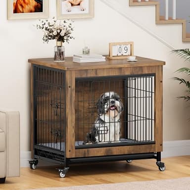 YITAHOME Dog Crate Furniture with Cushion, Dog Kennel Indoor with Wheels, 27" Dog Cage with Double Doors for Small Dog (Rustic Brown) - Image 2