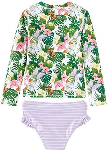 UMELOK Baby Swimsuit Girl Infant Rashguard Swimsuit Long Sleeve Green/Light Purple, Begonia 3-6 Months - Image 2