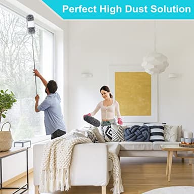 12pcs Microfiber Dusters, Duster with Extension Pole(Stainless Steel) 30 to 100'', Washable Dusters, Bendable Extendable Long Feather Duster for Cleaning Fan, High Ceiling, Blinds, Furniture, Cars - Image 2