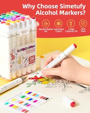 Simetufy 36 Colors Alcohol Markers Brush and Chisel Dual Tip, Coloring Alcohol Markers Set for Coloring Books Drawing Supplies, Basic Bright Colors - Image 7