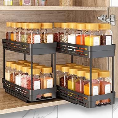 2 Pack Pull Out Spice Rack Organizer for Cabinet, Slide Out Spice Racks Organizer, Spice Cabinet Organizers, Cabinet Size Need:12'' Highx11'' Deepx5'' Wide,Hold 10 Spice Jar Each Tier-2Tier, Black - Image 1