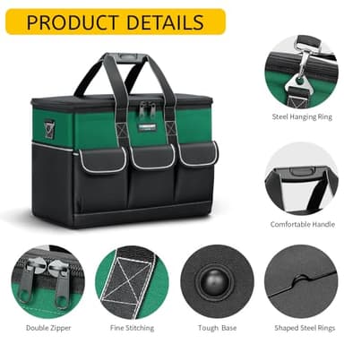 WINHUINT Large Tool Bag, 19-inch Wide Mouth Tool Organiser, 600 Denier with 6 Interior 8 Exterior Pockets Electricians Tool Bag for Home DIY & Equipment Storage, Green and Black (19 inch) - Image 3