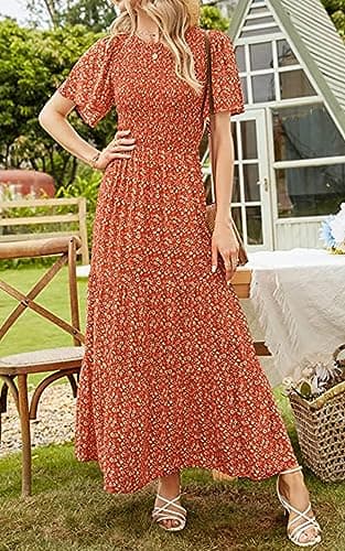 PRETTYGARDEN Women's Summer Casual Boho Dress Floral Print Ruffle Flutter Short Sleeve High Waist Maxi Beach Dresses (Orange,X-Large) - Image 6