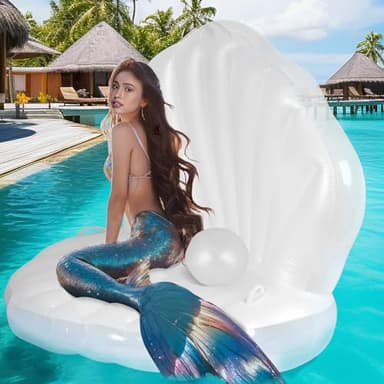 52" Thickened Inflatable Seashell Pool Float, Giant Pool Floating Raft Chair with Pearl Balls, for Birthday Party, Ocean Theme Decorations, Beach & Pool Party Decorations - Image 1