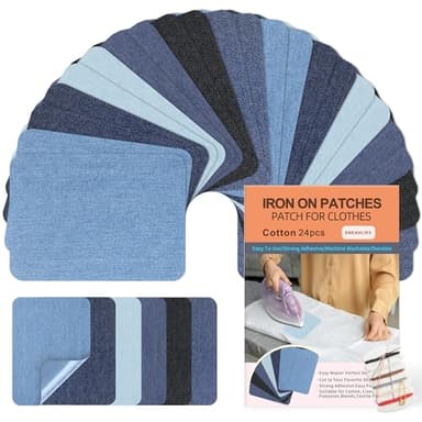 Iron On Patches for Clothes 24pcs, Iron On Patches for Jeans, Cotton Denim Repair Patch for Inside Jeans Fabric Kit, Jeans Knee, Pants, Clothing 3" by 4-1/4" Blue&Black - Image 1
