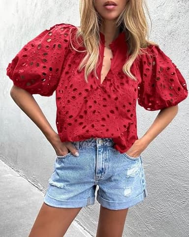 PRETTYGARDEN Women's Summer Tops 2025 Dressy Casual Short Sleeve V Neck Buttons Hollow Out Lace Embroidered Blouses Shirts (Red,XX-Large) - Image 8