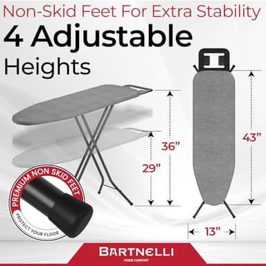 Bartnelli by Rorets Ironing Board Made in Europe | Iron Board with 4 Layered Cover & Pad, Height Adjustable up to 36" Features A Safety Iron Rest, 4 Steel Legs, for Laundry Room or Dorm Use (43x14) - Image 2
