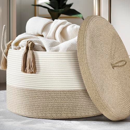Noonkty Blanket Basket with Lid - Large Toy Basket for Baby 21.7" x 13.8" Woven Baskets Blanket Storage for Living Room Bedroom, Cotton Rope Laundry Baskets for Towels Pillow, White & Brown - Image 1