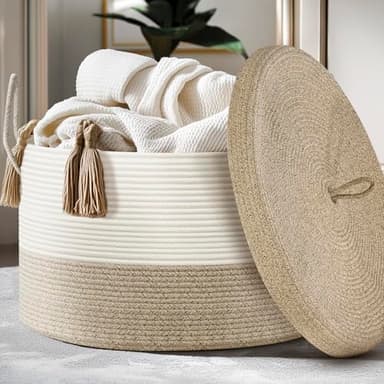 Noonkty Blanket Basket with Lid - Large Toy Basket for Baby 21.7" x 13.8" Woven Baskets Blanket Storage for Living Room Bedroom, Cotton Rope Laundry Baskets for Towels Pillow, White & Brown - Image 1