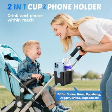 Guiseapue 2 Packs Cup Holder for Walker: Stroller Cup Holder Attachment with Phone Holder, Wheelchair/Stroller Accessories for Uppababy, Nuna, Doona, Bike, Scooter, Baby Travel Essential - Image 2