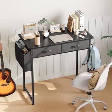 Sweetcrispy Computer Desk Small 32 Inch Home Office Bedroom Writing Study PC Table with Fabric Storage Drawers Space Side Bag Headphone Hook Metal Frame Adjustable Feet Modern Simple Style, Black Wood - Image 7