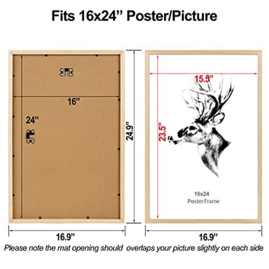 Yaetm 16x24 Picture Frame Set of 2, Natural Solid Oak Wood Poster Frame 16x24 for Wall Gallery, Horizontal and Vertical Wall Mount (2 pack, Oak) - Image 2