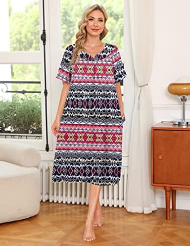 Ekouaer Women's House Dress with Pockets, Black Red Boho, Large - Image 2