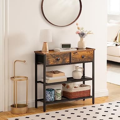 HOOBRO 29.5" Narrow Console Table with 2 Fabric Drawers, Sofa Table, Small Entryway Table with 3-Tier Storage Shelves, Behind Couch Table, for Living Room, Hallway, Rustic Brown and Black BF72XG01 - Image 4