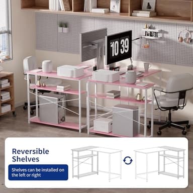 Pamray 43 Inch L Shaped Computer Desk with Reversible Side Storage Shelves, Small Corner Desk for Small Space Home Office,Writing Study Table PC Desk for Bedroom,Pink with White Leg - Image 5