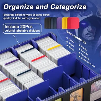 TiMOVO MTG Deck Box for 3000+ Trading Cards, Trading Card Storage Box with 20 Colorful Dividers & 4 Card Supporters, 4 Rows Commander Deck Boxes for Magic Game, YuGiOh, TCG, Sport Cards, Black Blue - Image 5