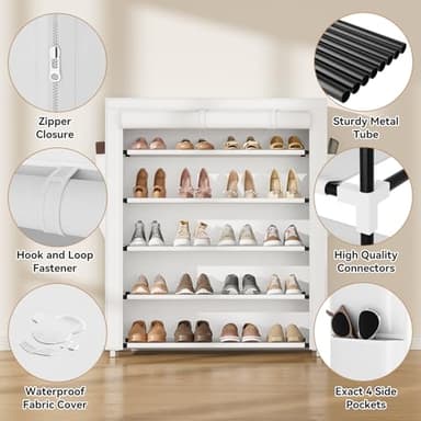 VILICK Shoe Rack with Cover, 5 Tier Shoe Organizer Storage for 20-24 Pair Shoes and Boots Large Shoe Storage Shelf Space Saving Vertical Shoe Rack for Closet, Front Door Entrance, Dorm, Garage, White - Image 4