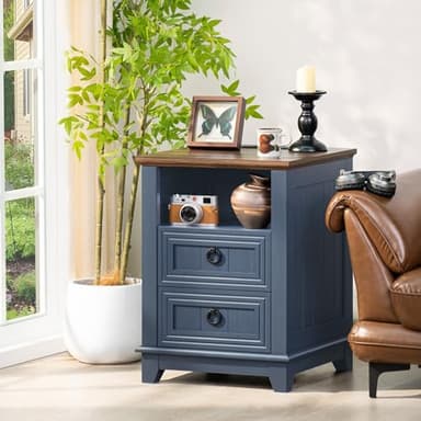 Joaxswe 18" Farmhouse Night Stands Set of 2 with Charging Station, 2 Drawers End Table Dresser for Bedroom, Blue Wooden Nightstand, Bed Side Table with Open Shelf, Bedside Cabinet for Living Room - Image 8