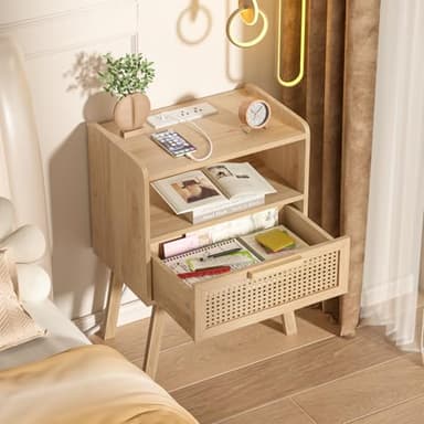 Lerliuo Rattan Nightstands Set of 2 with Charging Station, Boho Night Stand with Handmade Natural Rattan Drawer and Open Shelf, Side End Tables with Solid Wood Legs for Bedroom, Dorm, Small Spaces - Image 6