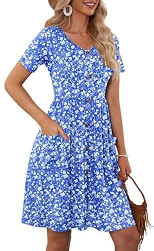MOLERANI Women Summer Casual Short Sleeve V Neck Dresses Button Down Sundress Beach Vacation with Pockets Travel Outfits,Blue White Flower,XL - Image 3