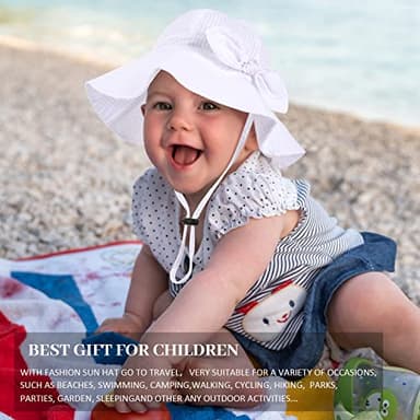 Baby Girl Sun Hat with UPF 50+ Outdoor Adjustable Beach Hat with Wide Brim Bucket Hats (12-24 Months, White Beige Stripe 2pcs) - Image 6