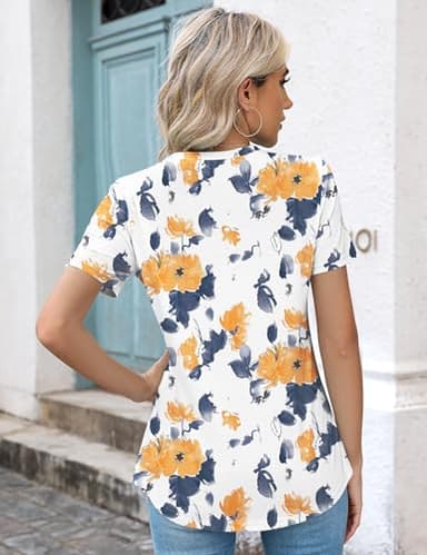 Kistore Women's Yellow Floral Shirts for Women Dressy Casual Short Sleeve Crew Neck Tunic Tops for Leggings L - Image 3