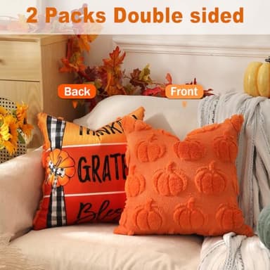 TOYPOPOR Fall Decorations, 2 Packs Double Sided Throw Pillow Covers, Orange Soft Faux Fur Pumpkin Pillow Cases Autumn Harvest Thanksgiving Indoor Outdoor Home Decor for Living Room Porch Couch 20x20 - Image 3