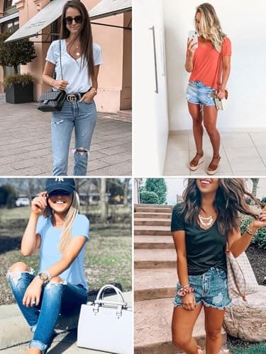 Elesomo Womens V Neck Tshirts Short Sleeve Summer Cotton Tee Shirt Tops, White L - Image 5