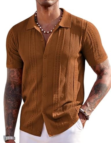 COOFANDY Men's Casual Beach Shirt Knitted Button Down Polo Shirt Short Sleeve Beach Vacation Shirts, Light Brown, XX-Large - Image 1