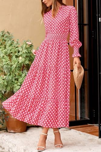 PRETTYGARDEN Women's Floral Maxi Dress 2025 Fall Long Sleeve V Neck Casual A Line Long Flowy Boho Party Dresses (Plaid Pink,Small) - Image 6
