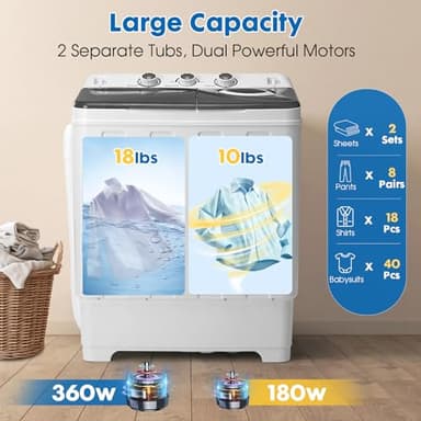 Dawmilon Portable Washing Machine Twin Tub - 28lbs Compact Washer (18lbs) and Spinner Dryer (10lbs) Combo with Drain Pump - Semi Automatic Washing Machine for Apartments, Dorms, RVs, Camping - Grey - Image 3
