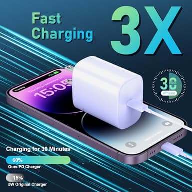 DiHines Phone 14 13 12 11 Fast Charger,10FT Long Fast Charging Lightning Cable with 20W USB C Charger Block for Phone 14/14 Pro Max/13/13 Pro Max/12/12 Pro Max/11/11Pro/XS/Max/XR/X,Purple - Image 2