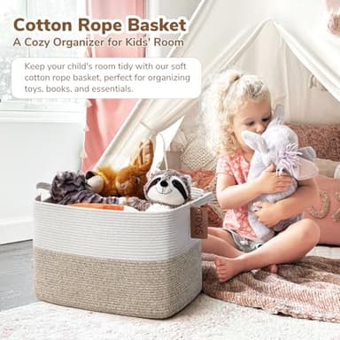 Goodpick Woven Storage Baskets for Organizing, Blanket Basket Living Room, Rope Baskets for Storage, Rectangle Toy Basket With Handles, Brown and White, 18 x 14 x 12 Inches - Image 2