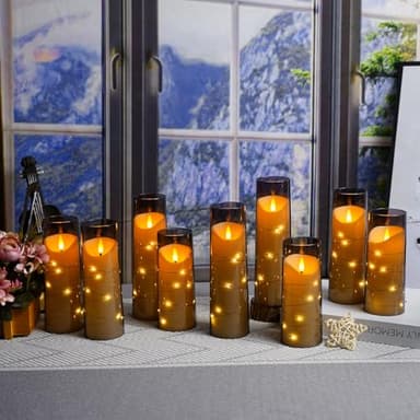 Eebuss Flameless Candles with Embedded Star String, Battery Operated LED Pillar Candles with Timer and Remote Control,Home Decorating for Ambiance， Set of 9(Grey) - Image 3