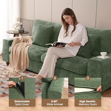 DOPEDIO Modern Loveseat Sofa for Living Room,Chenille Recliner, Removable Cover, Spring Cushions, Solid Wood Frame, Easy Assembly for Small Spaces (88.58inch，Green) - Image 3