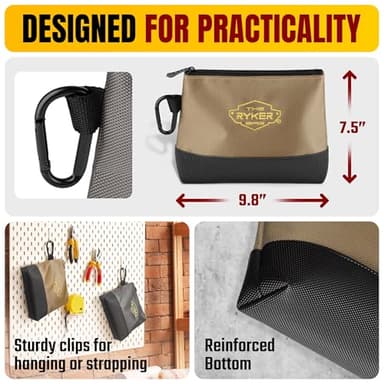 The Ryker Bag Canvas Zipper Tool Pouch (2-Set): Small Utility Tool Pouch Bag w/Hard Bottom. Small Waterproof Tool Bag Organizer w/carabiners, Khaki + Gray - Image 5
