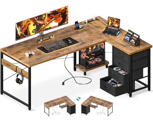 ODK 61'' L Shaped Desk with 4 Drawers, Reversible Corner Desk with Storage, Gaming Table with Power Outlets, USB Ports, PC Case Shelf, Computer Desk for Home Office, Study, Easy Assembly, Vintage - Image 1