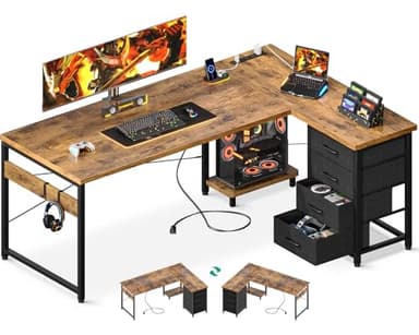 ODK 61'' L Shaped Desk with 4 Drawers, Reversible Corner Desk with Storage, Gaming Table with Power Outlets, USB Ports, PC Case Shelf, Computer Desk for Home Office, Study, Easy Assembly, Vintage - Image 1