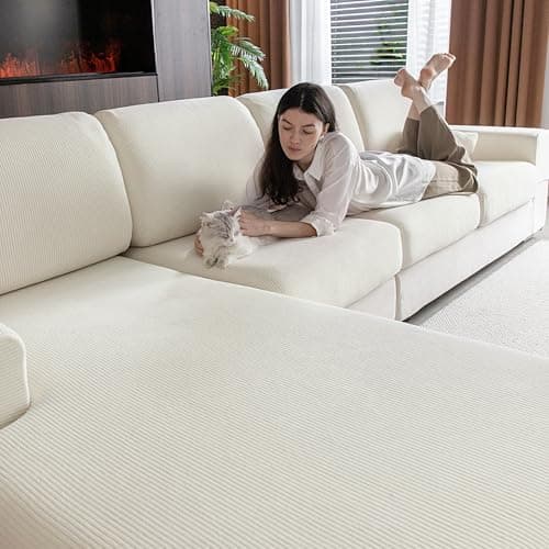 OHSIO Sectional Couch Covers, Wear Resistant Stretch Sofa Covers Washable Soft Couch Cushion Covers Anti Slip Furniture Protector Sofa Slipcovers for Pets(3 Pieces 2 Seaters+1 Chaise, Ivory) - Image 1