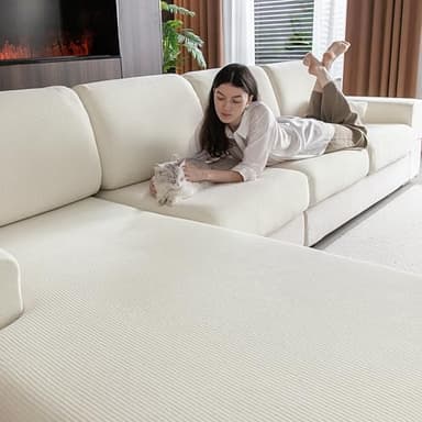 OHSIO Sectional Couch Covers, Wear Resistant Stretch Sofa Covers Washable Soft Couch Cushion Covers Anti Slip Furniture Protector Sofa Slipcovers for Pets(3 Pieces 2 Seaters+1 Chaise, Ivory) - Image 1