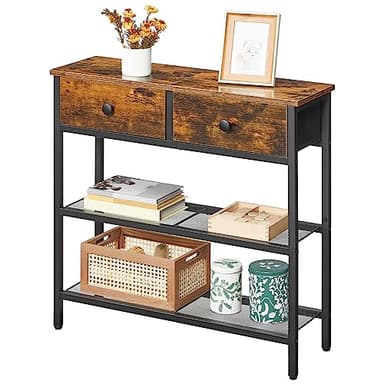 HOOBRO 29.5" Narrow Console Table with 2 Fabric Drawers, Sofa Table, Small Entryway Table with 3-Tier Storage Shelves, Behind Couch Table, for Living Room, Hallway, Rustic Brown and Black BF72XG01 - Image 9